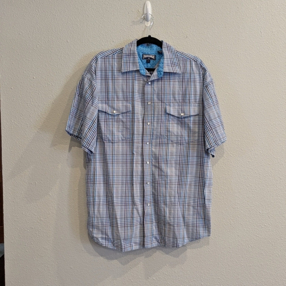 Men's Blue Plaid Shirt By Panhandle Short Sleeve Size Large Snap Closure